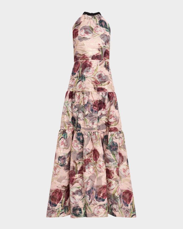 Gizelle Tiered Floral Brocade Halter Gown